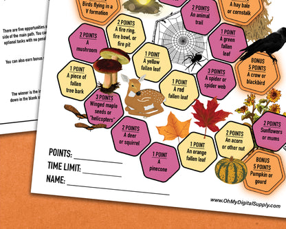 A printable nature trek outdoor fall scavenger hunt competitive team building activity. The worksheet looks like a game board where each spot on the board has an item you need to find to earn points and advance along the path.