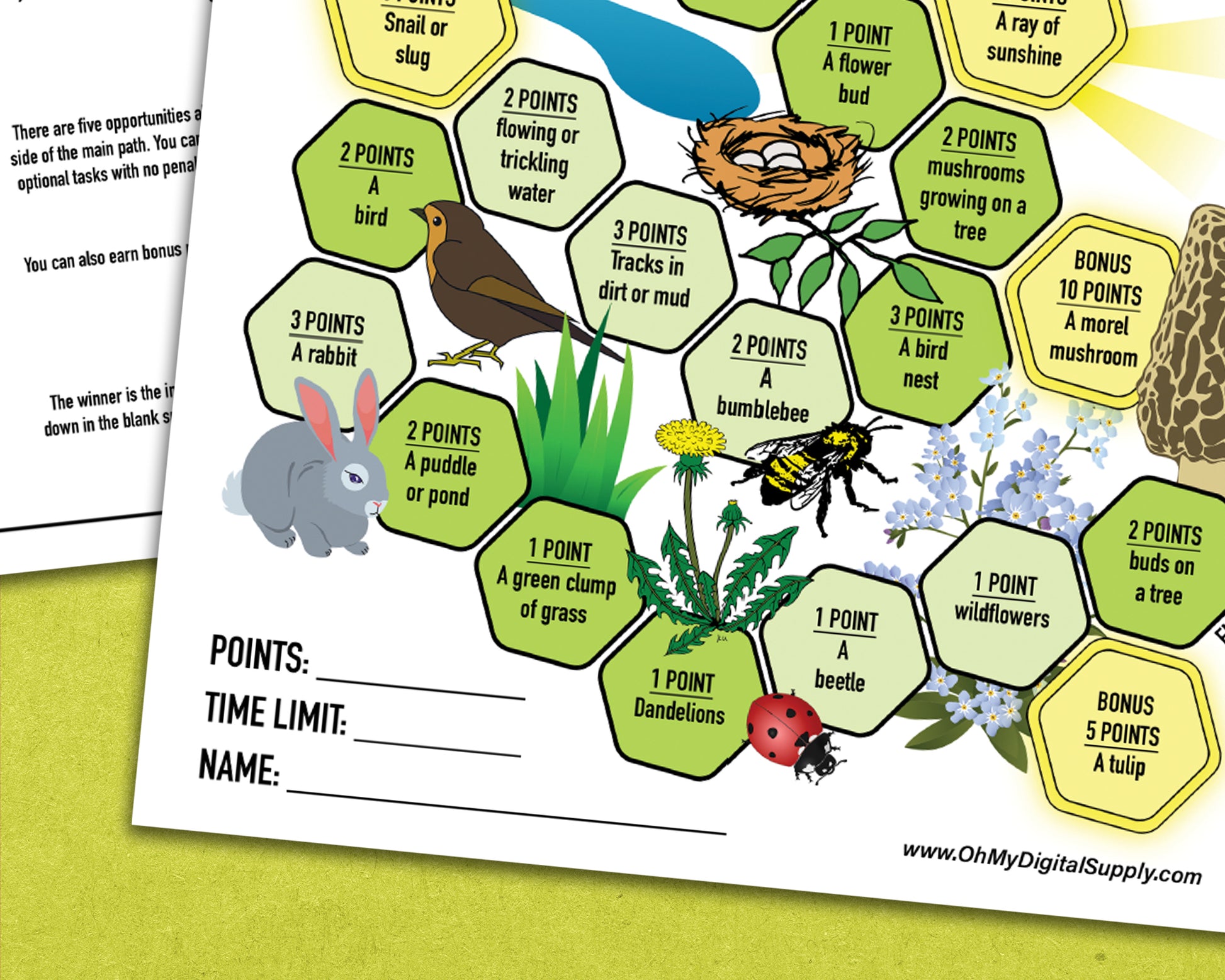 A printable nature trek outdoor spring scavenger hunt competitive team building activity. The worksheet looks like a game board where each spot on the board has an item you need to find to earn points and advance along the path.