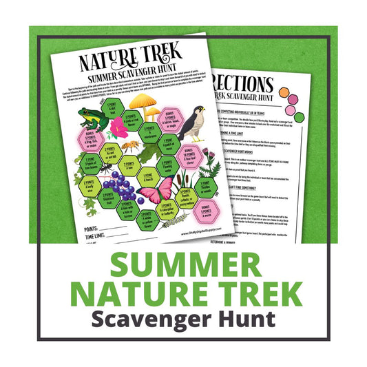 A printable nature trek outdoor summer scavenger hunt competitive team building activity. The worksheet looks like a game board where each spot on the board has an item you need to find to earn points and advance along the path.