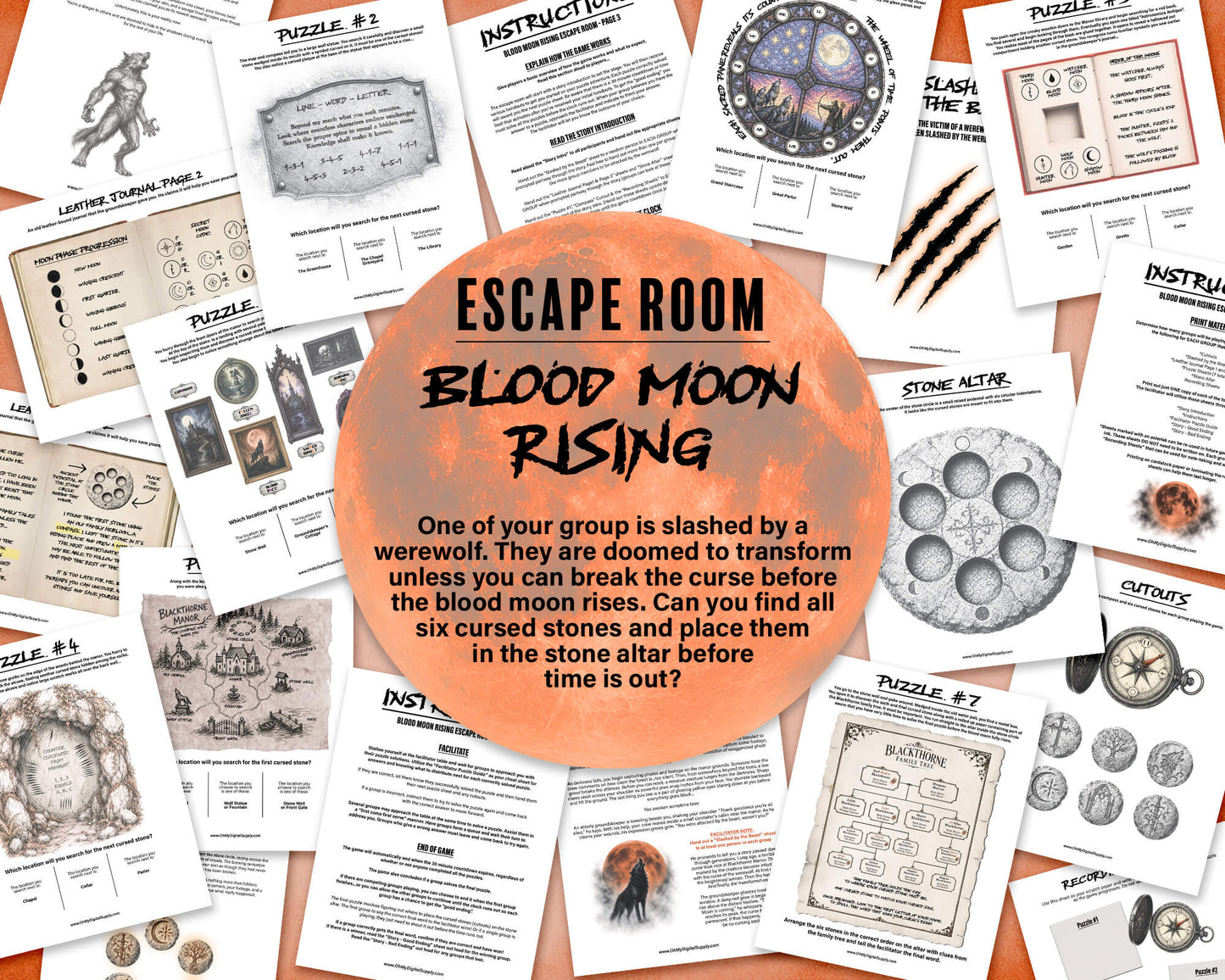 A printable Halloween escape room game called Blood Moon Rising with various puzzle sheets, story sheets, instructions, and facilitator guide all in printable PDF format. A 30 minute group activity for team-building or use as an icebreaker game.