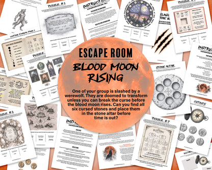 A printable Halloween escape room game called Blood Moon Rising with various puzzle sheets, story sheets, instructions, and facilitator guide all in printable PDF format. A 30 minute group activity for team-building or use as an icebreaker game.