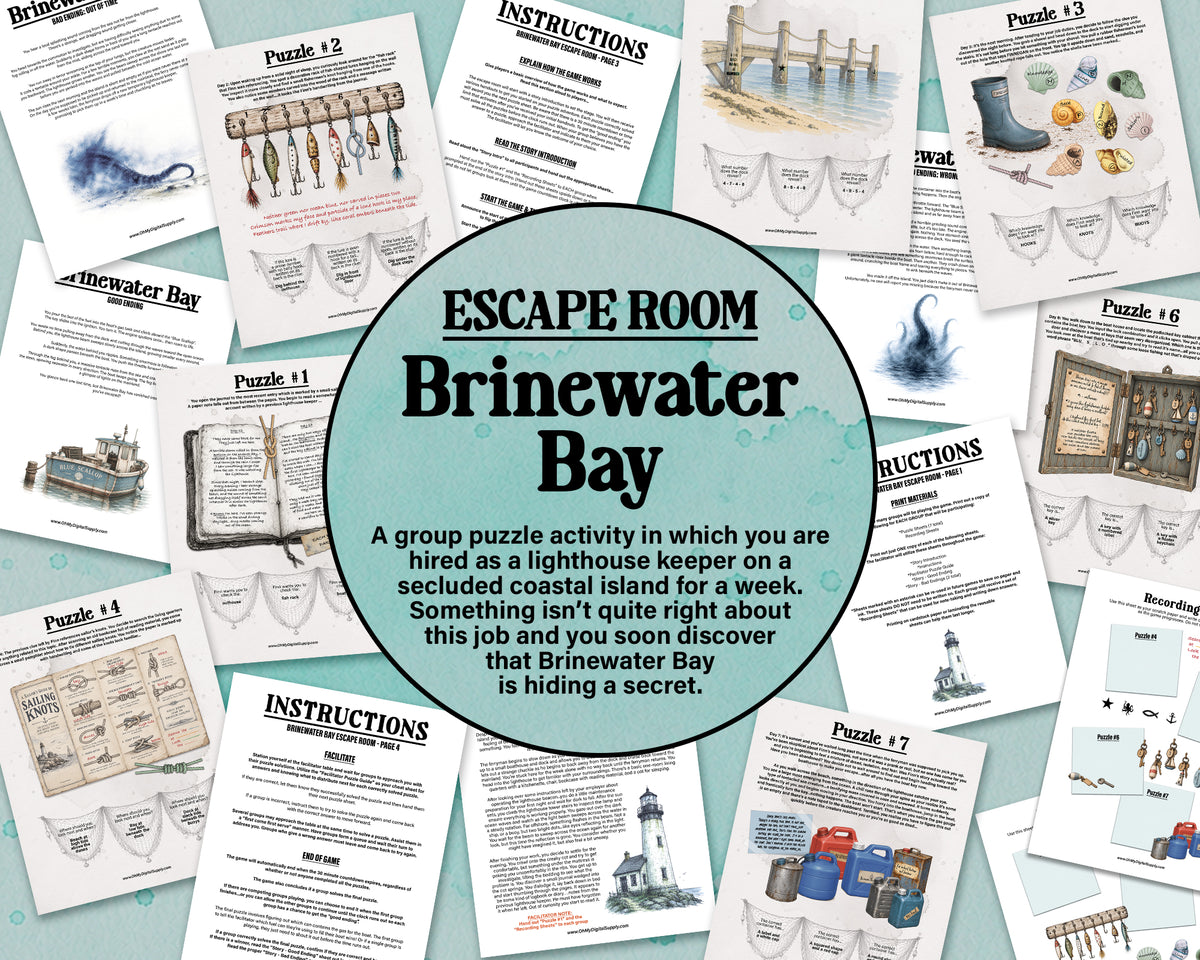 A printable escape room puzzle game called Brinewater Bay with various puzzle sheets, story sheets, instructions, and facilitator guide all in printable PDF format. A 30 minute group activity for team-building or use as an icebreaker game.
