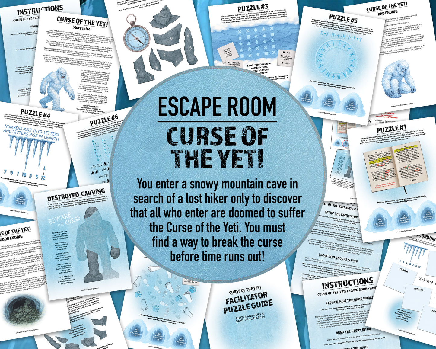 Escape Room: Curse of the Yeti, a printable team building game and icebreaker activity comprised of puzzle sheets in a printable PDF file format.