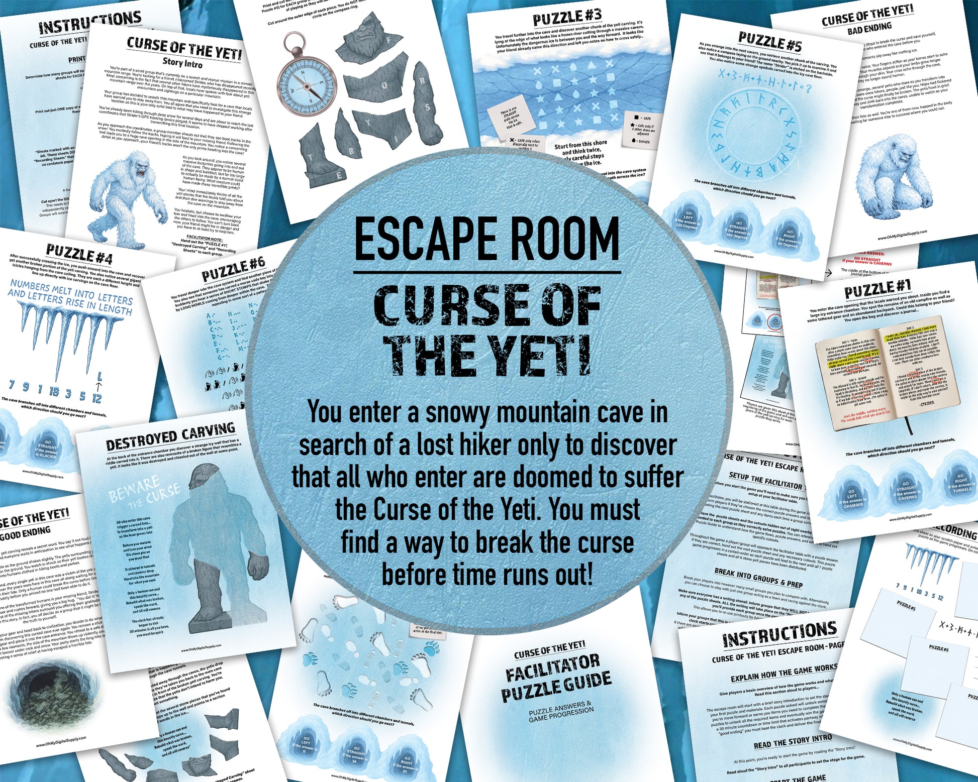Escape Room: Curse of the Yeti, a printable team building game and icebreaker activity comprised of puzzle sheets in a printable PDF file format.