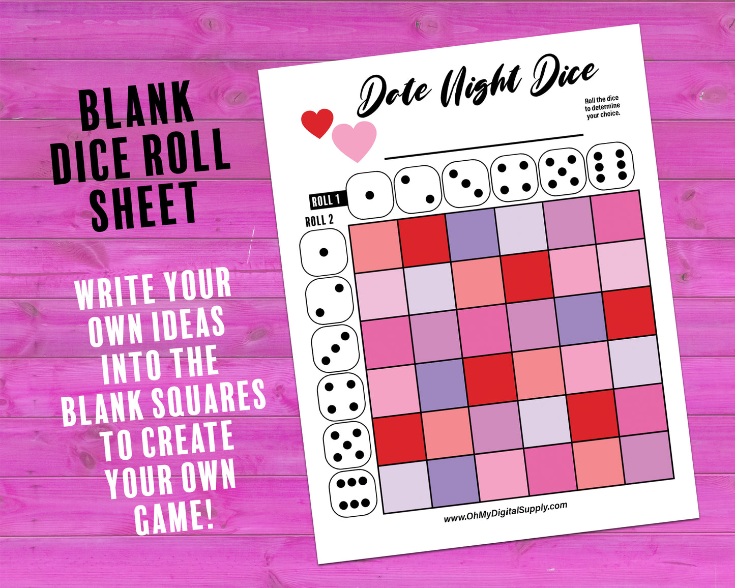 Date Night Dice printable activity where you roll a 3D paper dice to choose dinner, a movie, and an activity for date night.