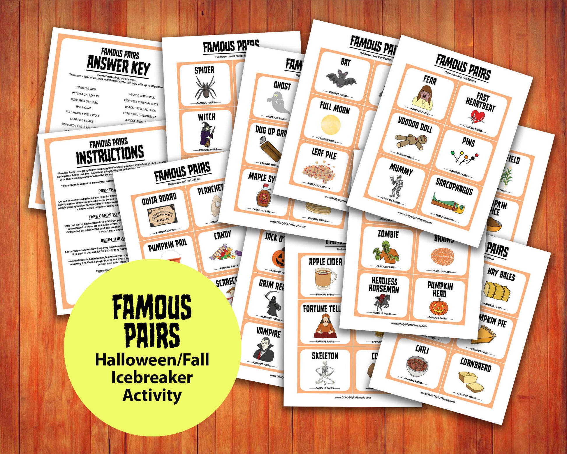 Famous Pairs Halloween & Fall group team building game and icebreaker activity. A digital PDF download containing instructions to play the game and Famous Pairs cards.