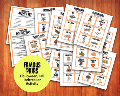 Famous Pairs Halloween & Fall group team building game and icebreaker activity. A digital PDF download containing instructions to play the game and Famous Pairs cards.