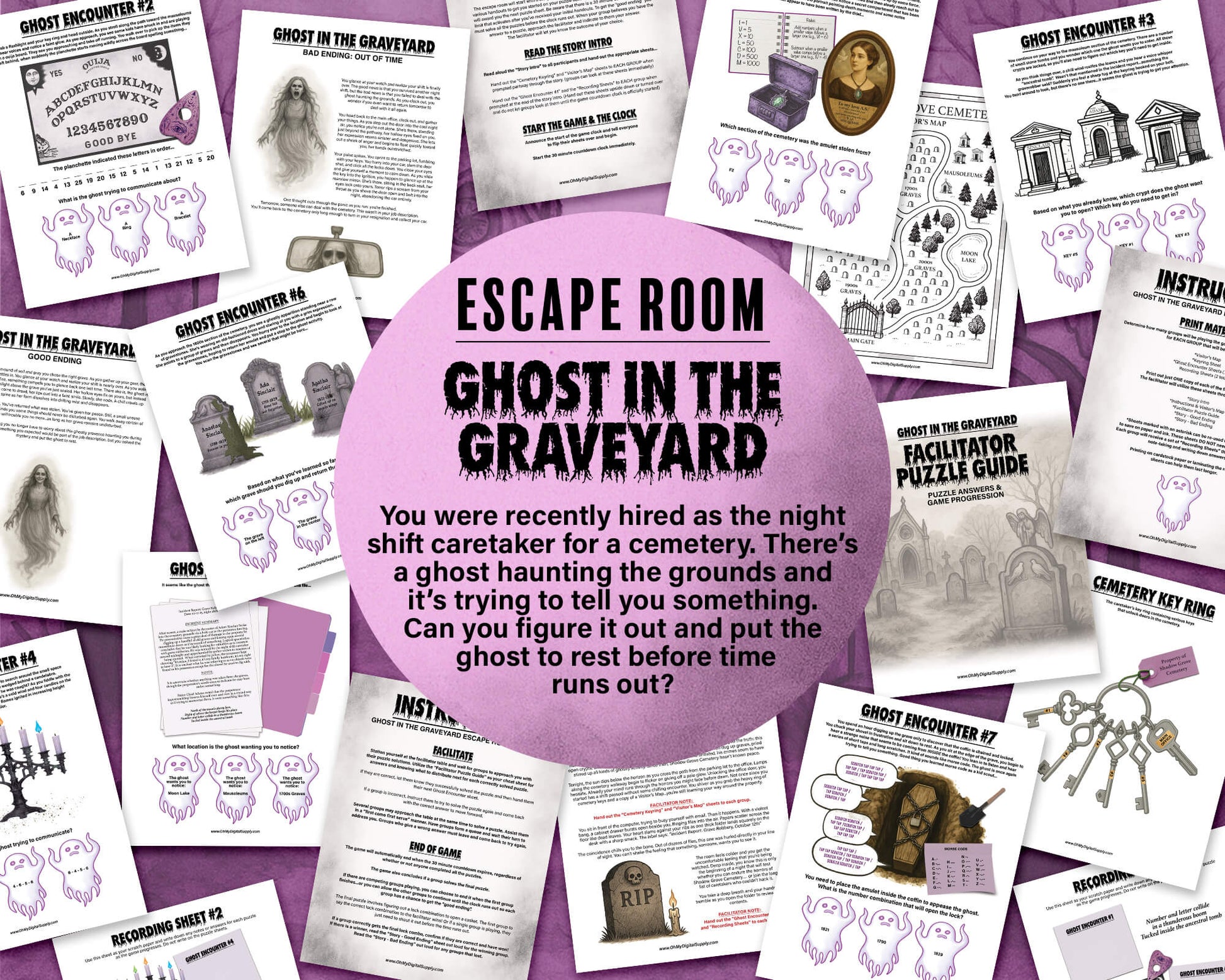 A printable Halloween escape room game called Ghost in the Graveyard with various puzzle sheets, story sheets, cemetery map, instructions, and facilitator guide all in printable PDF format. A 30 minute group activity for team-building or use as an icebreaker game.