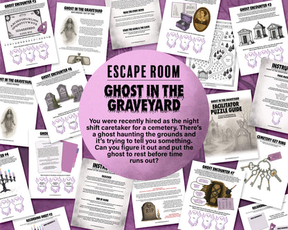 A printable Halloween escape room game called Ghost in the Graveyard with various puzzle sheets, story sheets, cemetery map, instructions, and facilitator guide all in printable PDF format. A 30 minute group activity for team-building or use as an icebreaker game.