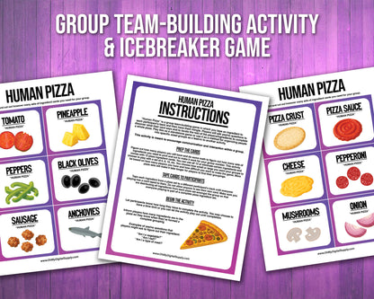 A printable team-building activity and group icebreaker game called Human Pizza that includes an instructions sheet and pizza ingredient cards that can be cut out. The printable sheets are downloadable PDF files.