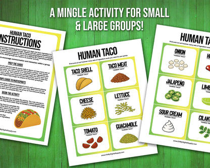 A printable team-building activity and group icebreaker game called Human Taco that includes an instructions sheet and taco ingredient cards that can be cut out. The printable sheets are downloadable PDF files.