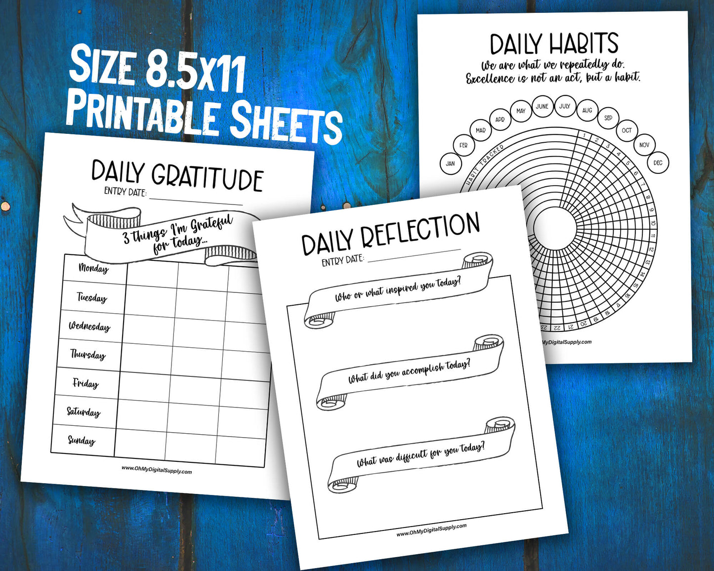 Habit Tracker, Daily Gratitude Chart, and Reflection Prompts Printables for Wellness Journaling