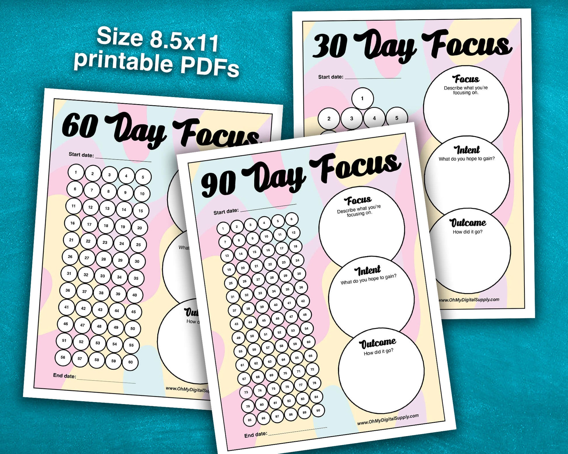 A 30, 60, and 90 Day Focus Worksheet for tracking daily goals, challenges, habits, and more. Each sheet has a space for writing down your focus, intent, and outcome. There are circles you can fill in or cross off each day to indicate you completed your daily focus goal.