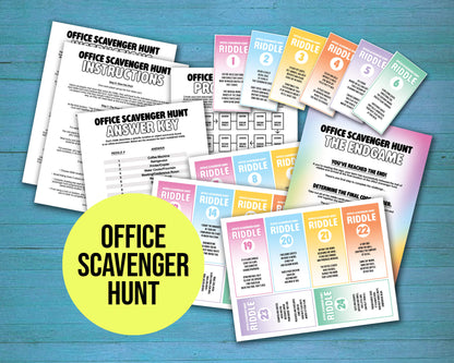 Office Scavenger Hunt printable team building activity with riddle cards, facilitator instructions, progression planning sheet, and answer key in a downloadable PDF file format. Play as a group team building game or icebreaker activity in the workplace.