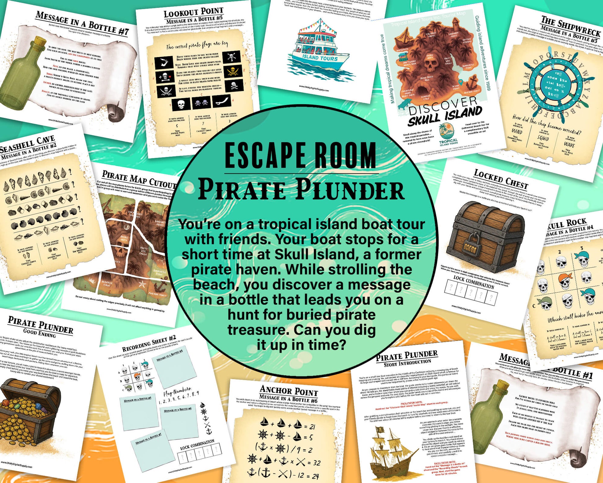 A printable group escape room game called Pirate Plunder. This tropical island themed team building activity involves 7 puzzles with a final lock combination that must be solved in order to unlock the pirate treasure.