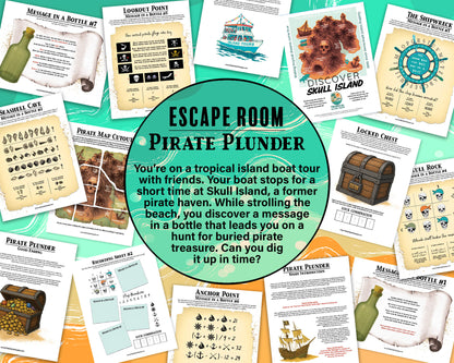 A printable group escape room game called Pirate Plunder. This tropical island themed team building activity involves 7 puzzles with a final lock combination that must be solved in order to unlock the pirate treasure.