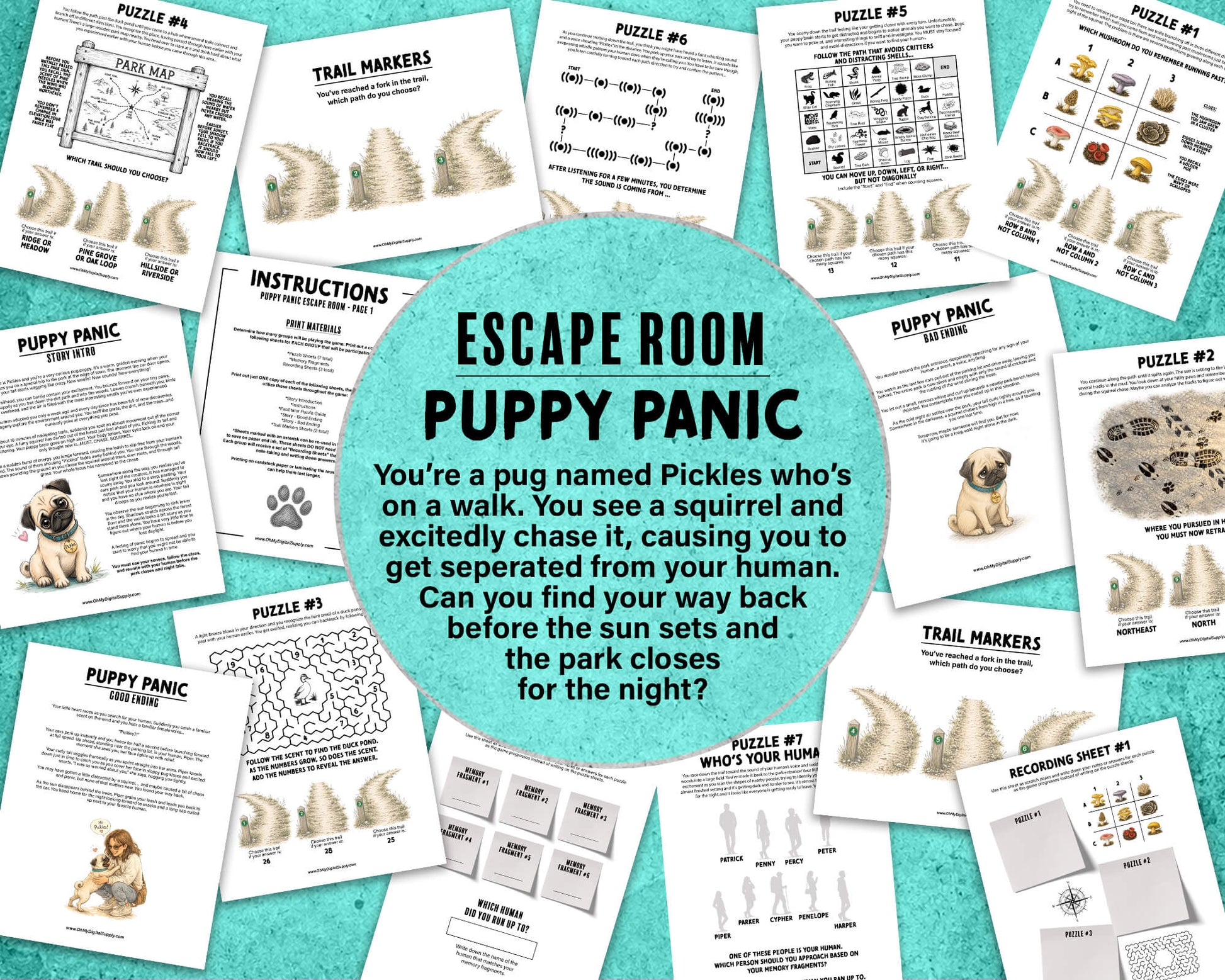 Puppy Panic is a printable Escape Room puzzle game for small groups! Great as a team building activity or icebreaker game. Players must solve 7 puzzles within a 30 minute time limit. This pug themed game includes an intro story as well as good and bad story endings.