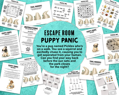Puppy Panic is a printable Escape Room puzzle game for small groups! Great as a team building activity or icebreaker game. Players must solve 7 puzzles within a 30 minute time limit. This pug themed game includes an intro story as well as good and bad story endings.