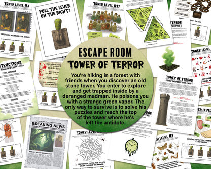 A printable Halloween horror Escape Room game called Tower of Terror for group team-building or playing as an icebreaker game. Various printable PDF sheets with puzzles, props, read-aloud story sheets, and facilitator instructions and guide.