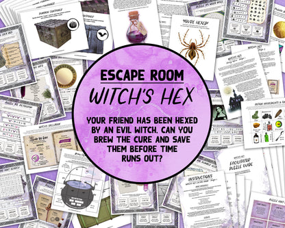 A printable group escape room game called Witch&#39;s Hex. This supernatural themed team building activity involves 13 puzzles and a final incantation that must be solved in order to save your friend from a witch&#39;s hex.