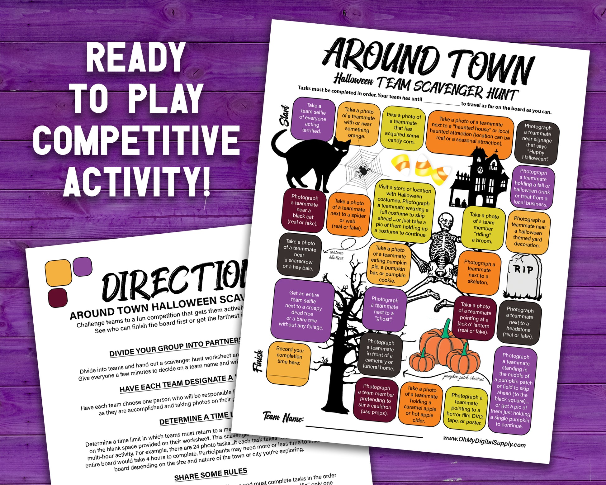 A printable team scavenger hunt activity called Around Town Halloween Team Scavenger Hunt. The worksheet looks like a game board where each square has a task you need to complete in order to advance. All tasks are Halloween themed.