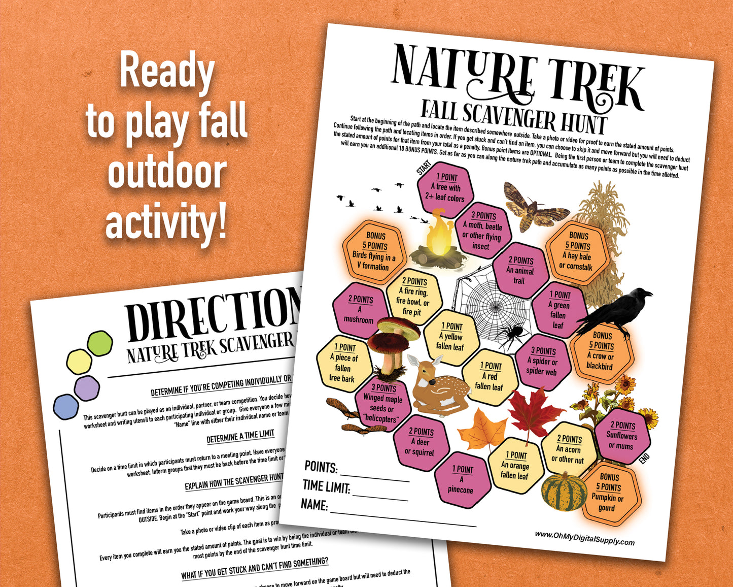 A printable nature trek outdoor fall scavenger hunt competitive team building activity. The worksheet looks like a game board where each spot on the board has an item you need to find to earn points and advance along the path.