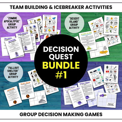 Bundle #1 of four Decision Quest Activities for group team building. Activities in this bundle include: Zombie Apocalypse, Desert Island, Fallout Shelter, and Space Mission. Group decision making icebreaker games.