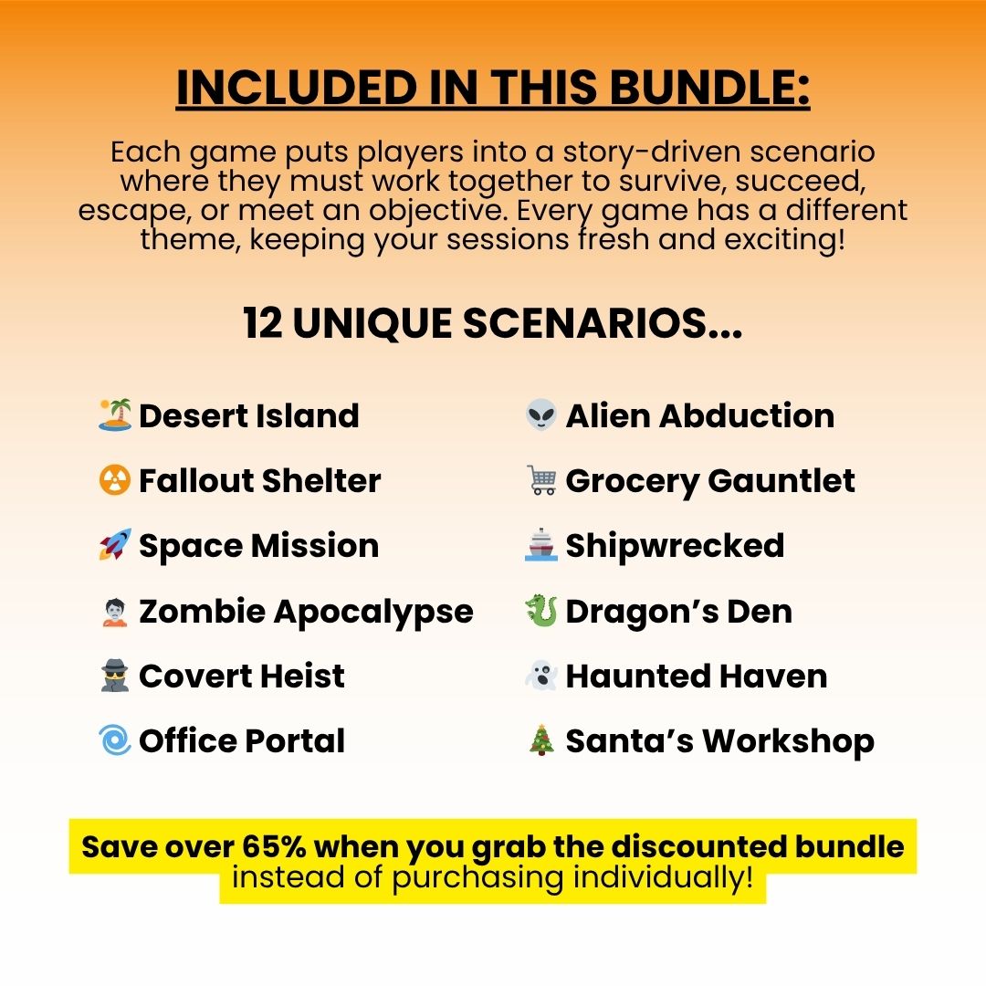 Decision Quest Games Bundle. Includes 12 Decision quest games: Desert Island, Fallout Shelter, Space Mission, Zombie Apocalypse, Covert Heist, Office Portal, Alien Abduction, Grocery Gauntlet, Shipwrecked, Dragon's Den, Haunted Haven, and Santa's Workshop.