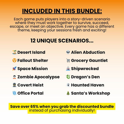 Decision Quest Games Bundle. Includes 12 Decision quest games: Desert Island, Fallout Shelter, Space Mission, Zombie Apocalypse, Covert Heist, Office Portal, Alien Abduction, Grocery Gauntlet, Shipwrecked, Dragon's Den, Haunted Haven, and Santa's Workshop.