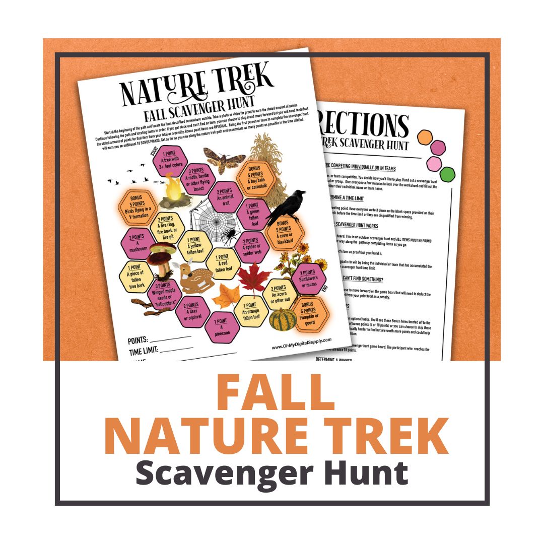 A printable nature trek outdoor fall scavenger hunt competitive team building activity. The worksheet looks like a game board where each spot on the board has an item you need to find to earn points and advance along the path.