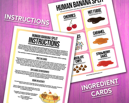 A printable team-building activity and group icebreaker game called Human Banana Split that includes an instructions sheet and banana split ingredient cards that can be cut out. The printable sheets are downloadable PDF files.