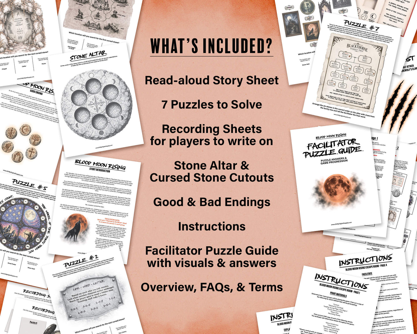 A printable Halloween escape room game called Blood Moon Rising with various puzzle sheets, story sheets, instructions, and facilitator guide all in printable PDF format. A 30 minute group activity for team-building or use as an icebreaker game.