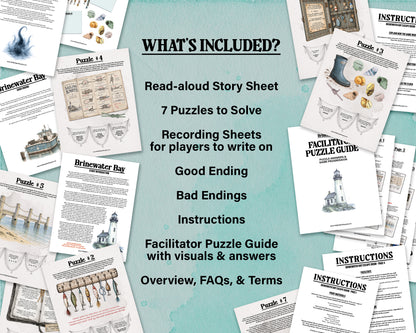 A printable escape room puzzle game called Brinewater Bay with various puzzle sheets, story sheets, instructions, and facilitator guide all in printable PDF format. A 30 minute group activity for team-building or use as an icebreaker game.