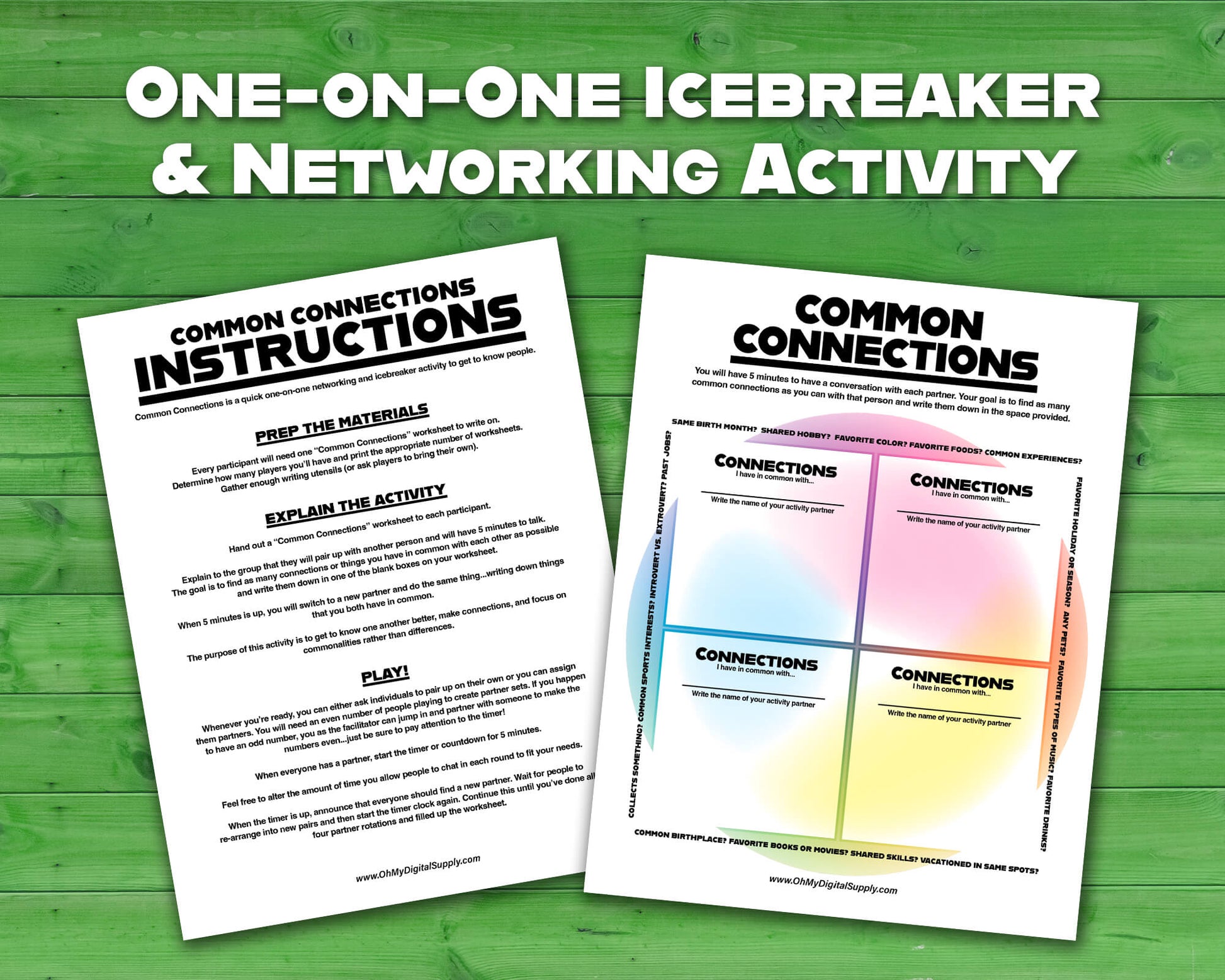 Common Connections one-on-one icebreaker activity and team-building game printable worksheet and instructions.