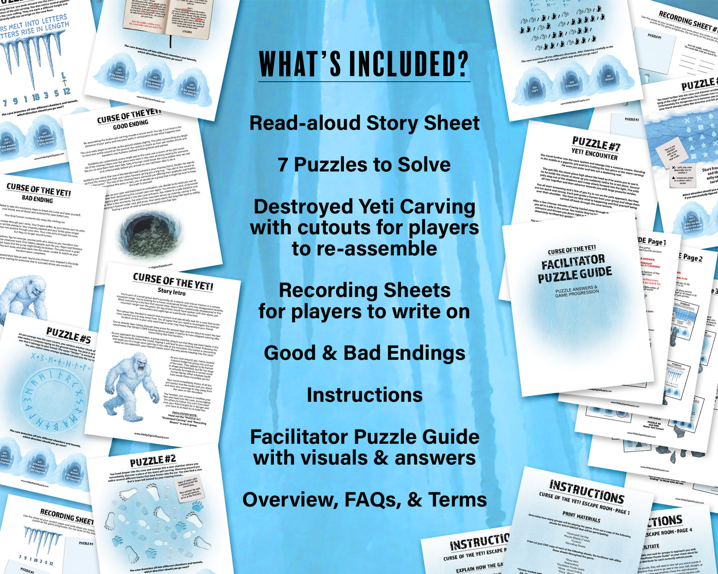 Escape Room: Curse of the Yeti, a printable team building game and icebreaker activity comprised of puzzle sheets in a printable PDF file format.