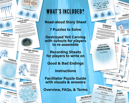Escape Room: Curse of the Yeti, a printable team building game and icebreaker activity comprised of puzzle sheets in a printable PDF file format.