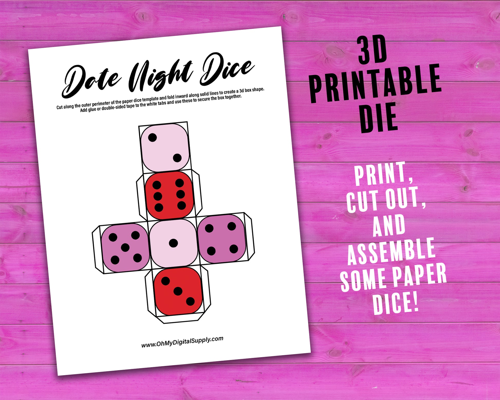 Date Night Dice printable activity where you roll a 3D paper dice to choose dinner, a movie, and an activity for date night.