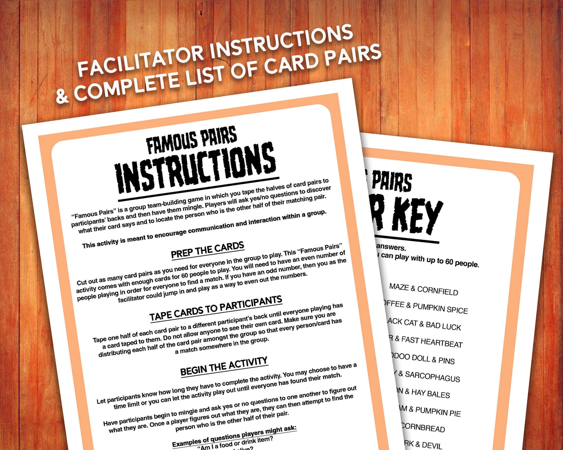 Famous Pairs Halloween & Fall group team building game and icebreaker activity. A digital PDF download containing instructions to play the game and Famous Pairs cards.