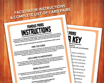 Famous Pairs Halloween & Fall group team building game and icebreaker activity. A digital PDF download containing instructions to play the game and Famous Pairs cards.