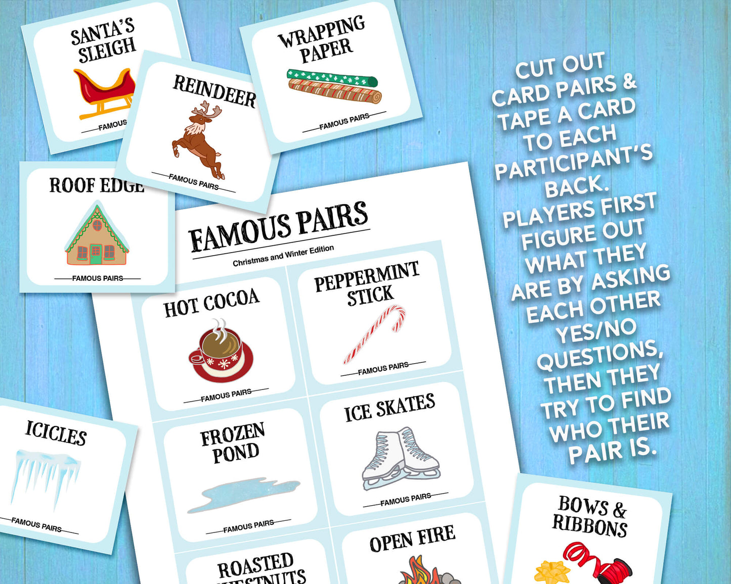 Famous Pairs Christmas & Winter group team building game and icebreaker activity. A digital PDF download containing instructions to play the game and Famous Pairs cards.