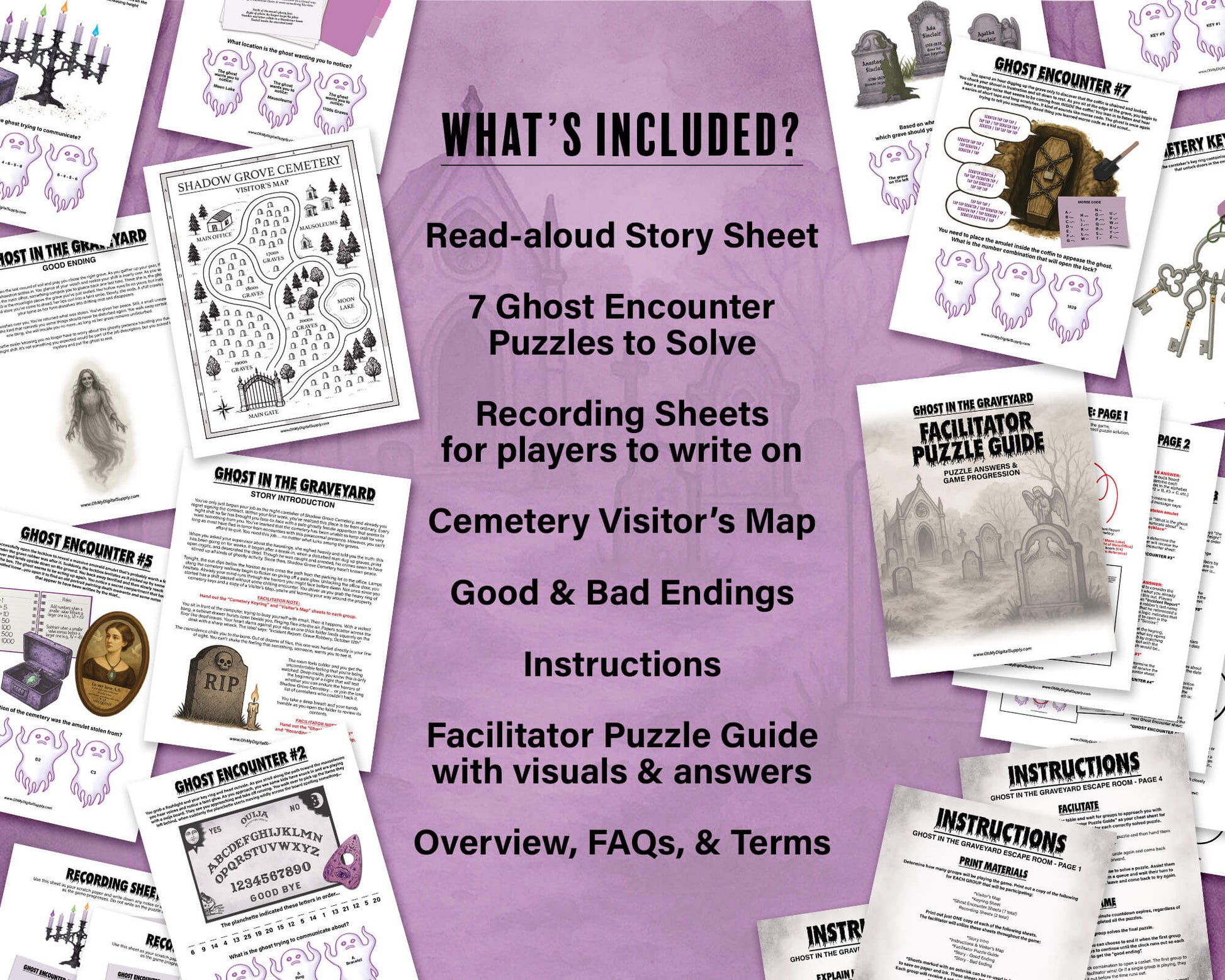 A printable Halloween escape room game called Ghost in the Graveyard with various puzzle sheets, story sheets, cemetery map, instructions, and facilitator guide all in printable PDF format. A 30 minute group activity for team-building or use as an icebreaker game.