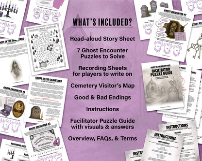 A printable Halloween escape room game called Ghost in the Graveyard with various puzzle sheets, story sheets, cemetery map, instructions, and facilitator guide all in printable PDF format. A 30 minute group activity for team-building or use as an icebreaker game.