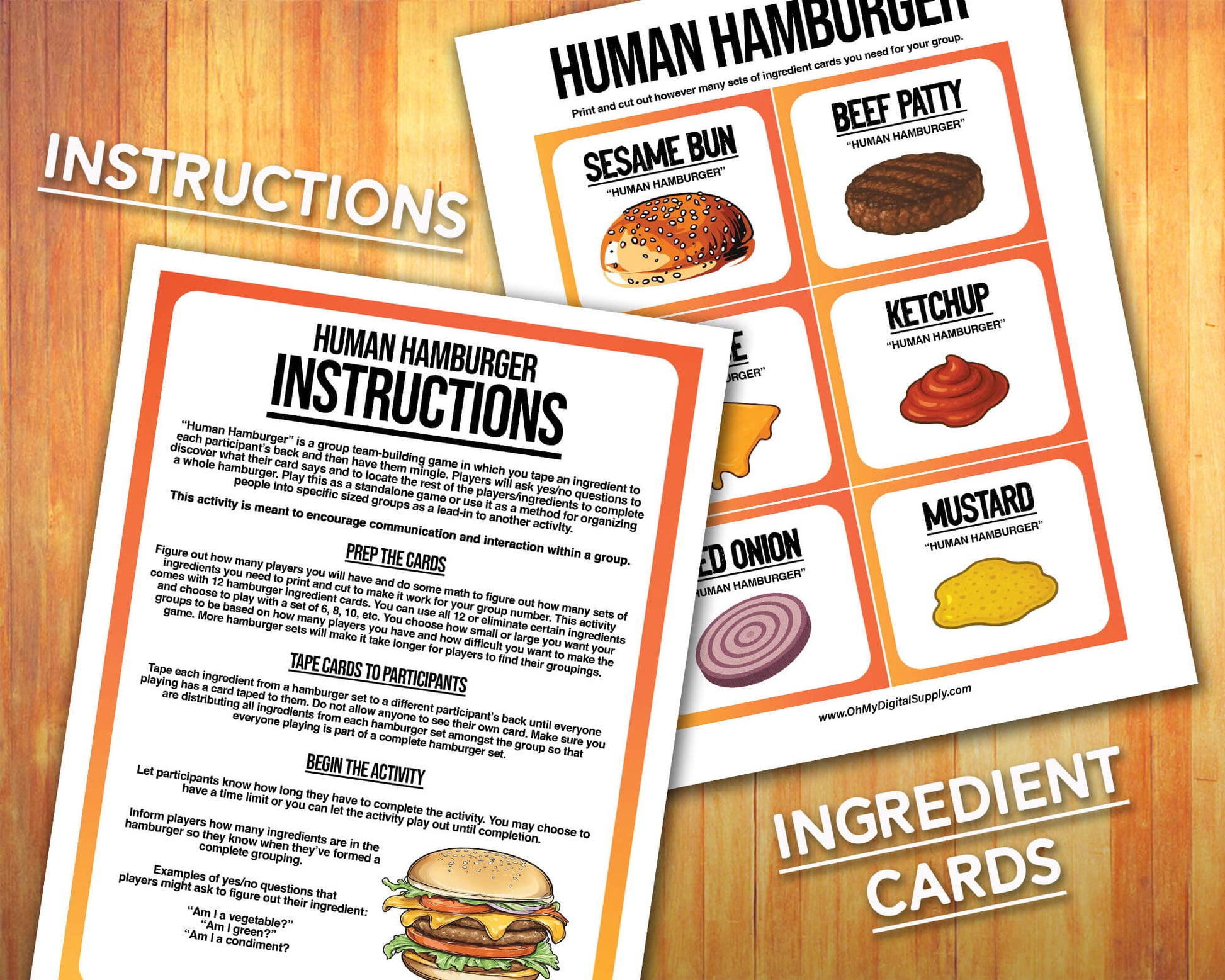 A printable team-building activity and group icebreaker game called Human Hamburger that includes an instructions sheet and hamburger ingredient cards that can be cut out. The printable sheets are downloadable PDF files.