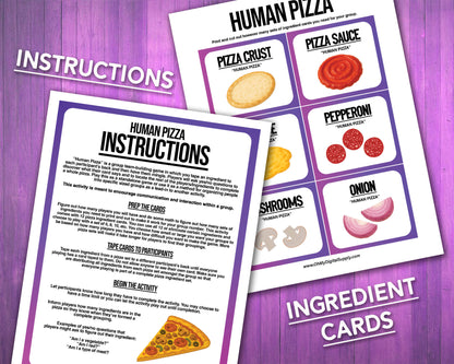 A printable team-building activity and group icebreaker game called Human Pizza that includes an instructions sheet and pizza ingredient cards that can be cut out. The printable sheets are downloadable PDF files.
