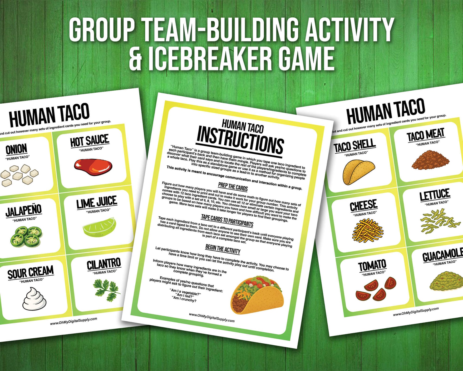 A printable team-building activity and group icebreaker game called Human Taco that includes an instructions sheet and taco ingredient cards that can be cut out. The printable sheets are downloadable PDF files.