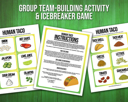 A printable team-building activity and group icebreaker game called Human Taco that includes an instructions sheet and taco ingredient cards that can be cut out. The printable sheets are downloadable PDF files.