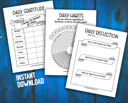 Habit Tracker, Daily Gratitude Chart, and Reflection Prompts Printables for Wellness Journaling