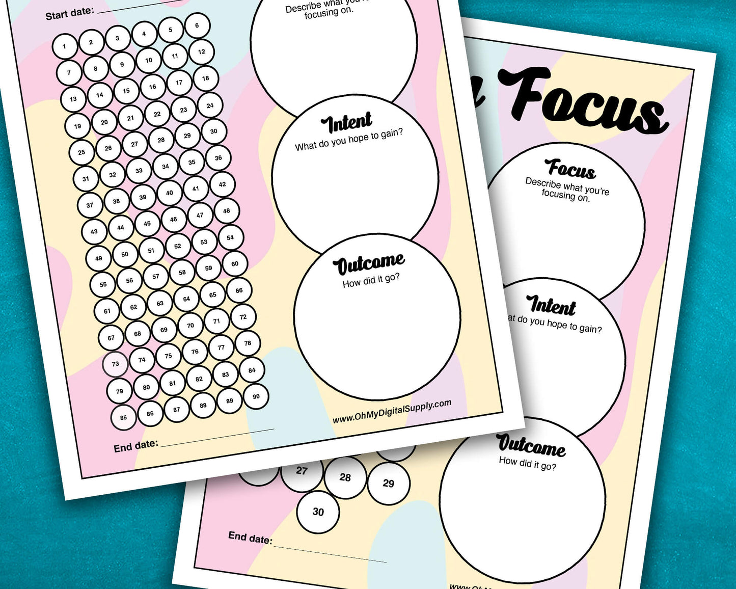 A 30, 60, and 90 Day Focus Worksheet for tracking daily goals, challenges, habits, and more. Each sheet has a space for writing down your focus, intent, and outcome. There are circles you can fill in or cross off each day to indicate you completed your daily focus goal.