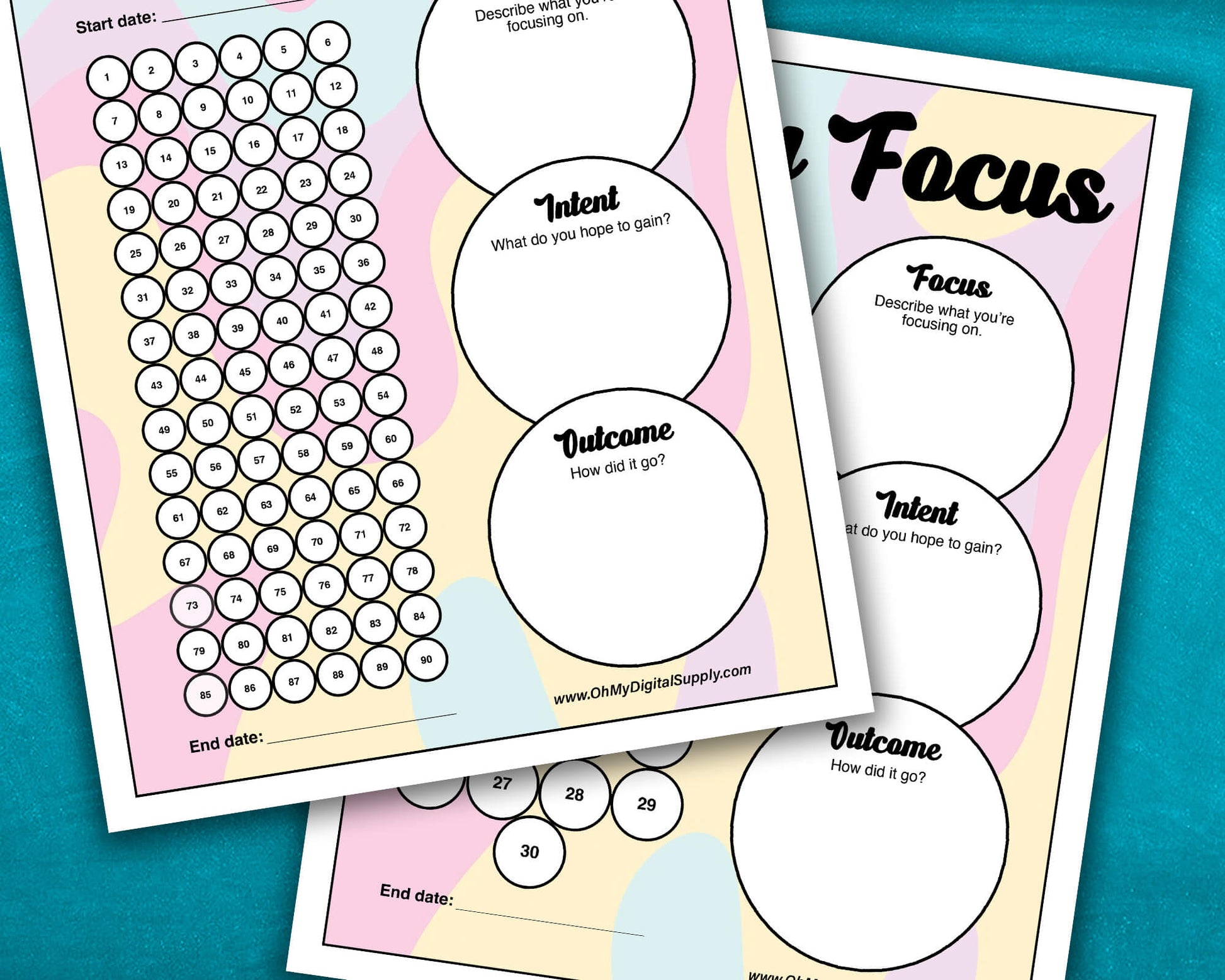 A 30, 60, and 90 Day Focus Worksheet for tracking daily goals, challenges, habits, and more. Each sheet has a space for writing down your focus, intent, and outcome. There are circles you can fill in or cross off each day to indicate you completed your daily focus goal.