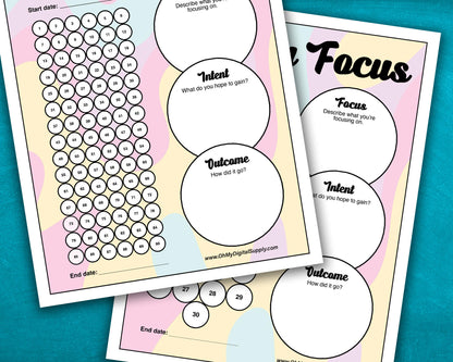 A 30, 60, and 90 Day Focus Worksheet for tracking daily goals, challenges, habits, and more. Each sheet has a space for writing down your focus, intent, and outcome. There are circles you can fill in or cross off each day to indicate you completed your daily focus goal.